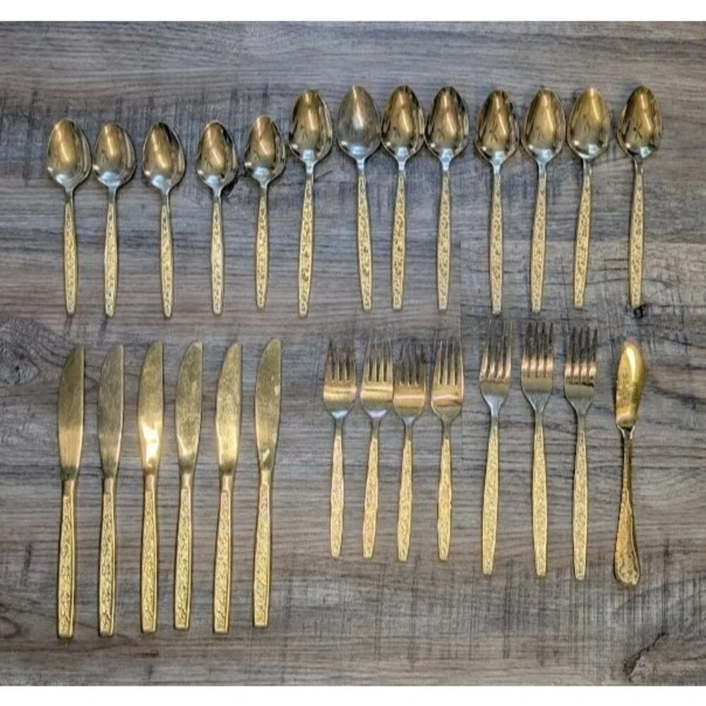 Rogers Korea Gold Plated Stainless Flatware 27 Pieces Forks Spoons Knives -AS-IS
